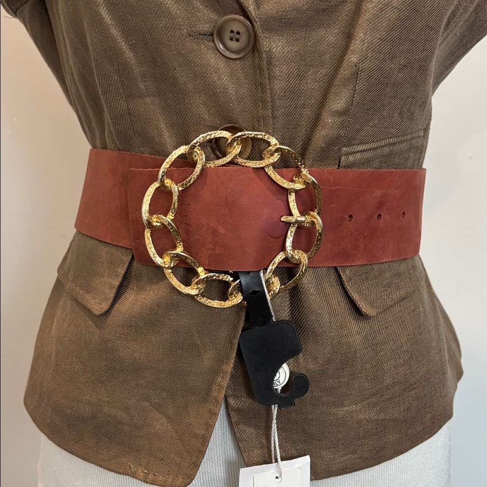 Italian Leather Belt Gold Chain Statement Buckle Wide Cognac Size 80